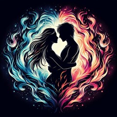 Twin flame couple. Soulmates. The concept of magical, esoteric, tantric, spiritual love. Connection between souls. Illustration for websites and much more. Created using generative ai tools.