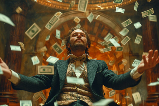 happy man and rain of money falling at outdoor