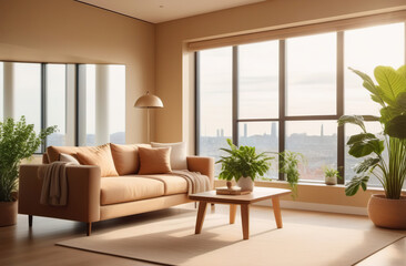 Interior of living room with green houseplants. Sofas, wooden coffee table, furniture. Scandinavian nordic minimalist style. Neutral Gray walls, big panoramic windows. Cozy apartment. Boho home decor