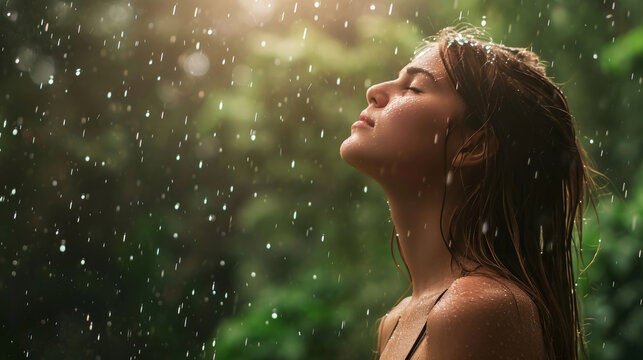 beautiful young woman standing in the rain with green forest background
