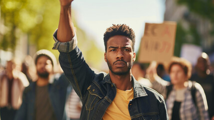 African American man marching in protest with a group of protestors with their fist raised in the air as a sign of unity for diversity and inclusion