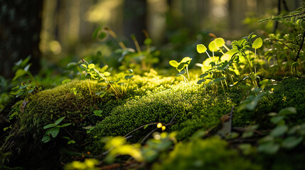A close-up shot capturing the intricate details of plants and mosses at the forest edge, where sunlight spills onto the forest floor, creating a visually elaborate composition that