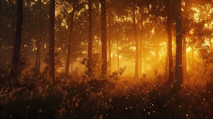 A visually elaborate image of a forest edge at sunset, with the golden hour casting a warm and magical glow on the trees and vegetation, creating a captivating and dreamy atmospher