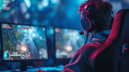 Professional Gamer Engaged in Esports Competition at Gaming Arena, Intense Cyber Battle on Computer...