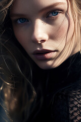 Obraz premium Close-up portrait of a pretty young blonde blue-eyed woman staring at the camera, ai generative