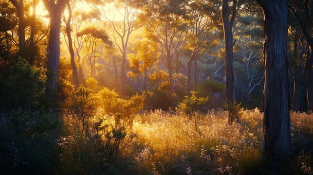 A visually elaborate image of a forest edge at sunset, with the golden hour casting a warm and magical glow on the trees and vegetation, creating a captivating and dreamy atmospher