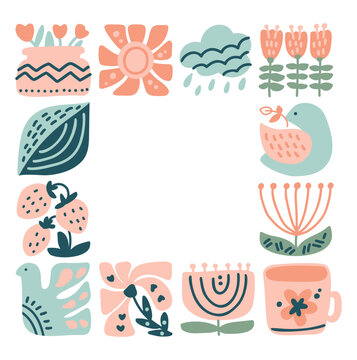 Vector spring ethnic logo composition pattern frame tile mosaic of bird, flower, leaf, strawberry and branch. Cute boho illustration in hand drawn constructor in square for scandinavian greeting card
