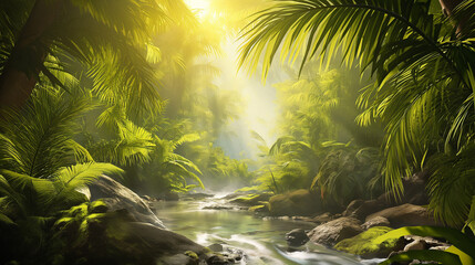 Lagoa na floresta com cachoeira e plantas tropicais sobre a luz do sol 
