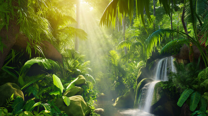 Lagoa na floresta com cachoeira e plantas tropicais sobre a luz do sol  - obrazy, fototapety, plakaty