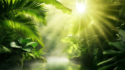 Obraz na płótnie Canvas Lagoa na floresta com cachoeira e plantas tropicais sobre a luz do sol 