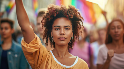 LGBT woman marching in protest with a group of protestors with their fist raised in the air as a sign of unity for diversity and inclusion. - obrazy, fototapety, plakaty