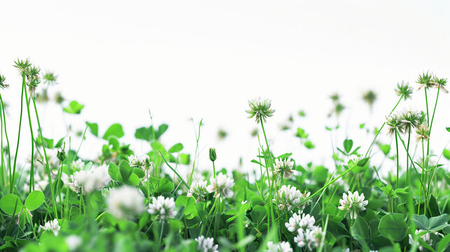 Green grass and clover flowers isolated on white
