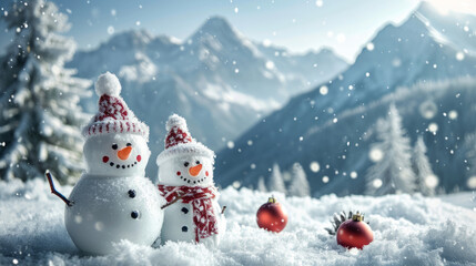 Obraz premium Material snowmans standing in the snow in the foreground. A picturesque landscape of snow-capped mountains and Christmas trees in the background