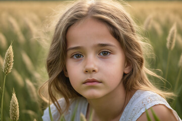 Close-up of a pensive young girl gazing downward amidst a field, surrounded by the tranquility of nature
