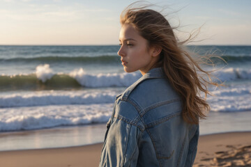 A young girl with jeans jacket walks barefoot on the beach, lost in thought, with the waves gently breaking in the background