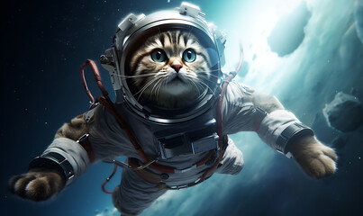 Fototapeta na wymiar Cat wearing astronaut suit full equipment flying on galaxy AI Image Generative