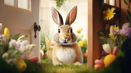Easter bunny rabbit standing in front of open wooden doors