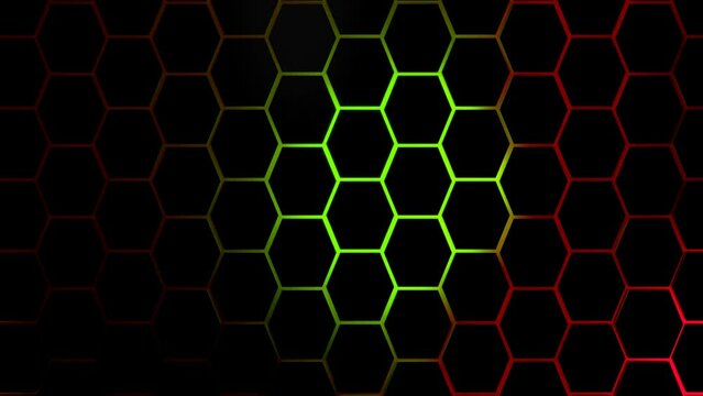 Black hexagon pattern with orange, red and green illuminated background. Abstract background, geometric shapes, elements.