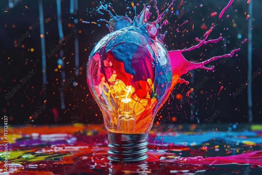 Poster A vibrant light bulb with a splash of paint, perfect for adding a pop of color to any project