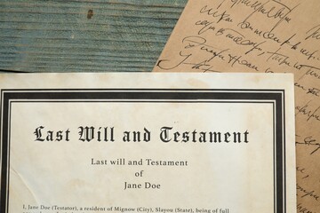 Last Will and Testament with letter on rustic wooden table, top view