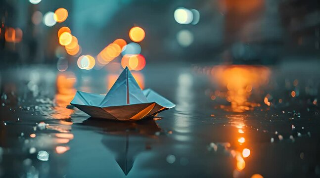 Paper boat floating on the rain pond in the city