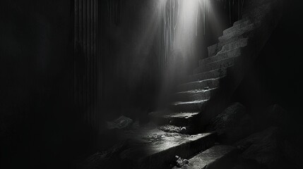 photorealistic monochrome or uniform visual theme image of a  the stairs in the dark. versatile background with text, for websites, featured images on blogs and in print