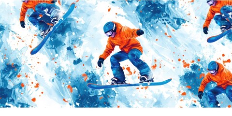 A man riding a snowboard down a snow covered slope. Perfect for winter sports and adventure-themed designs