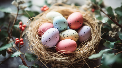 Obraz premium Colorful easter eggs in nest. Selective focus