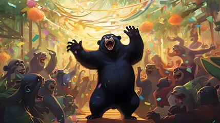 Tropical Rhythms: Immerse in the vibrancy as a sun bear leads a dance party in a Southeast Asian rainforest. Join the celebration 