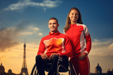 Fototapeta premium Pair of Paralympic athletes from the national team pose against the Eiffel Tower.Paris Summer Paralympic Games 2024. 