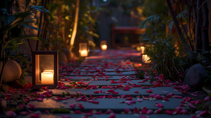 Warm Evening Ambience with Rose Petals Pathway