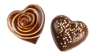 Pair of Delectable Chocolate Glazed Heart Shaped Doughnuts on Transparent Background, PNG file