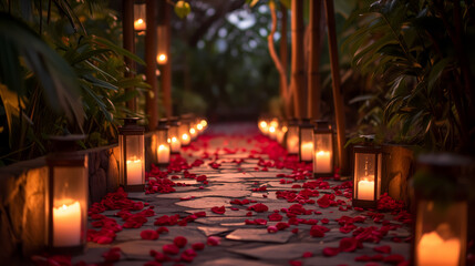Warm Evening Ambience with Rose Petals Pathway