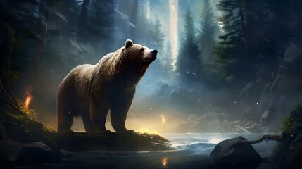 Ethereal Grizzly: Explore magical scenes of a North American forest with a mystical grizzly bear. Uncover enchanting moments on Adobe Stock - obrazy, fototapety, plakaty