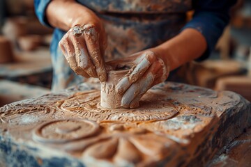 A charming scene of a hand holding a stamp, carefully pressing it into clay to create a unique design, the delicate patterns and textures emphasized, set against a backdrop of a potter's studio