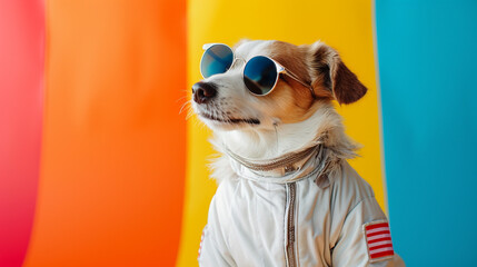 Cute space dog dressed in astronaut suit with sunglasses in studio with a colorful. AI Generative