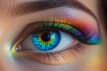 Fototapeta premium A close-up beautiful eye of a female person, iris with rainbow colors, cinematic light