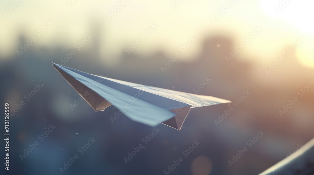 Poster a paper airplane soars through the sky above a bustling city. this image can be used to represent dr