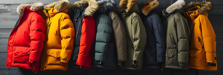 A row of winter coats and jackets in different sizes. created with technology - obrazy, fototapety, plakaty