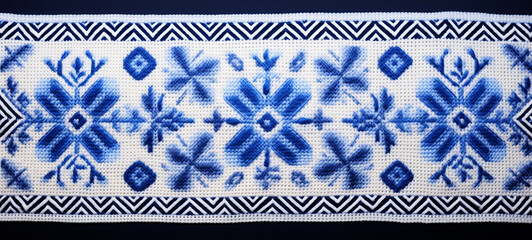 Cross stitch embroidery on fabric, blue color, generative AI