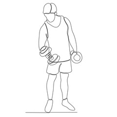 Single continuous line drawing of strong young weightlifting man getting ready for barbell training in gym. Weightlifting workout concept. Trendy one line draw graphic design vector illustration