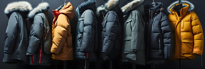 A row of winter coats and jackets in different sizes. created with technology - obrazy, fototapety, plakaty