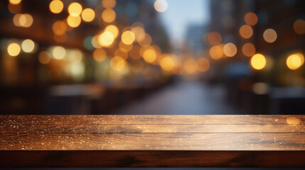 Wooden table bokeh city view background, empty wood desk tabletop counter surface product display mockup with blurry cityscape lights abstract backdrop presentation. Mock up, copy space.