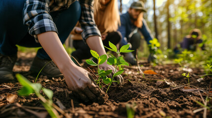 Afforestation Efforts in Action: Volunteers Planting Young Trees in Forest Soil, Conservation and...