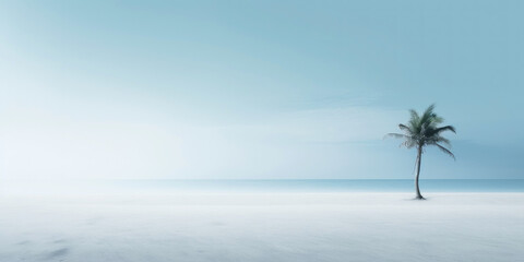 Fototapeta na wymiar One lonely palm tree on a white beach. Calm sae with mist. Tranquil seashore landcsape. Generative AI