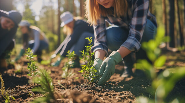 Afforestation Efforts in Action: Volunteers Planting Young Trees in Forest Soil, Conservation and Reforestation in Sunlit Woods