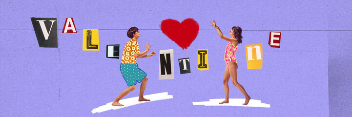 Beautiful young couple, man and woman playing beach volleyball with heart shape ball. Giving love to each other. Cut out letters. Contemporary art. Valentine's Day, holiday, February 14th concept.