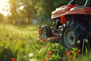 A red lawn mower placed on a vibrant, well-maintained green field. Perfect for showcasing gardening or lawn care equipment.