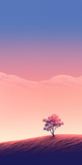 a lonely tree on a hill in the rays of the setting sun.  copy space