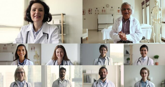 Videos collage view group of young and mature multiethnic physicians negotiating, share ideas and opinions about patient treatment take part in teleconference with colleagues. On-line medical council